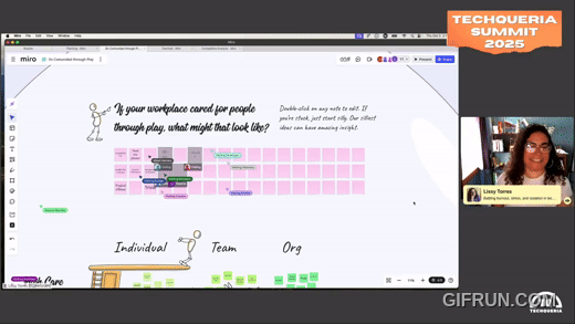 Two doodle people presenting together using a large self-standing paper pad